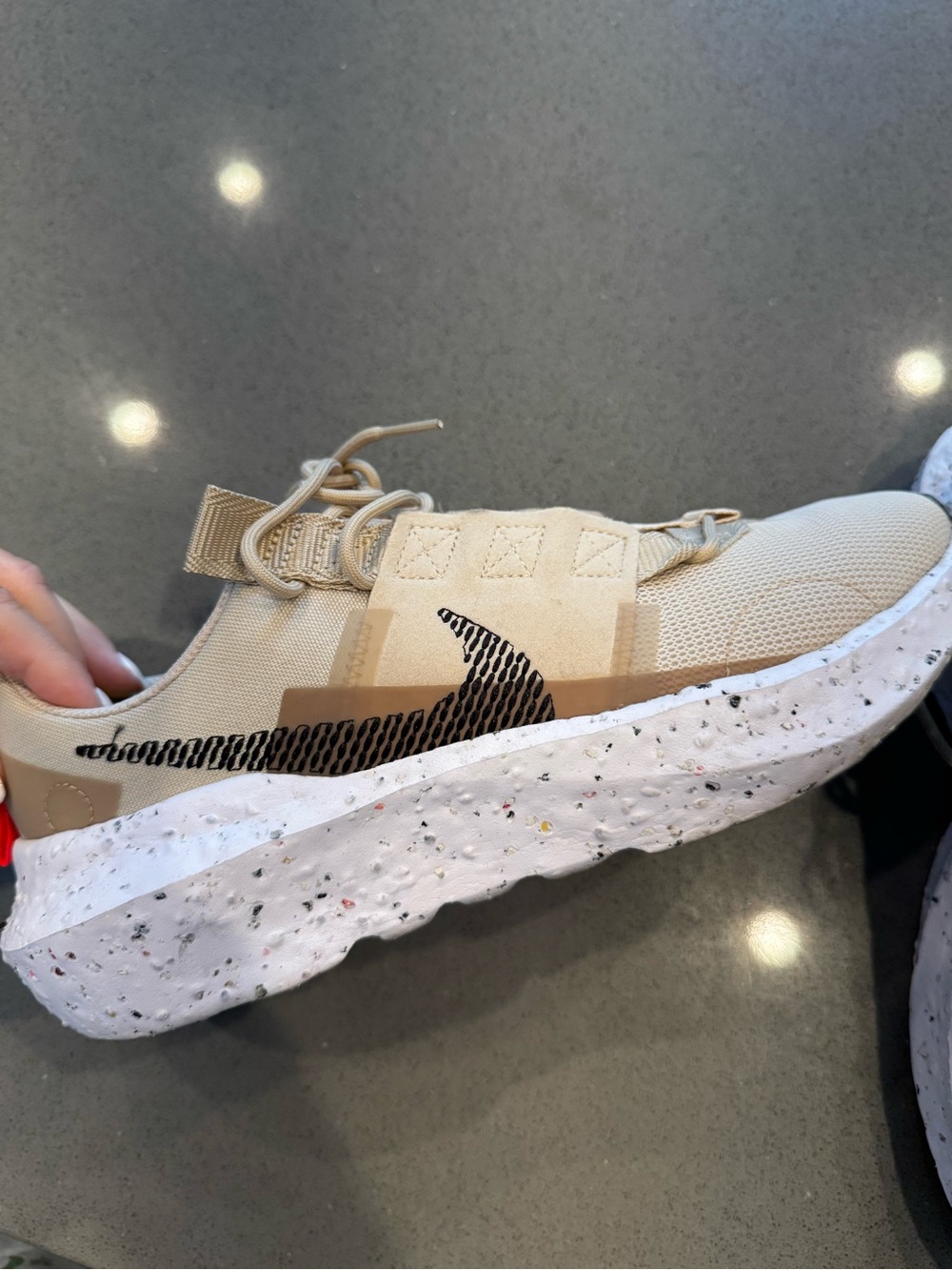 Nike Beige Running Sneakers with Black Swoosh and Neon Yellow Insole - Picture 3 of 4